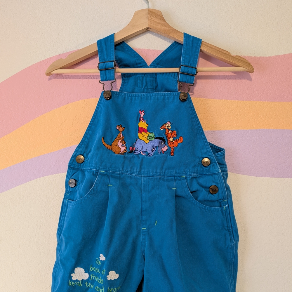 The Disney Store Pooh Bear Blue Overalls Embroidered Tigger Piglet VTG Y2K